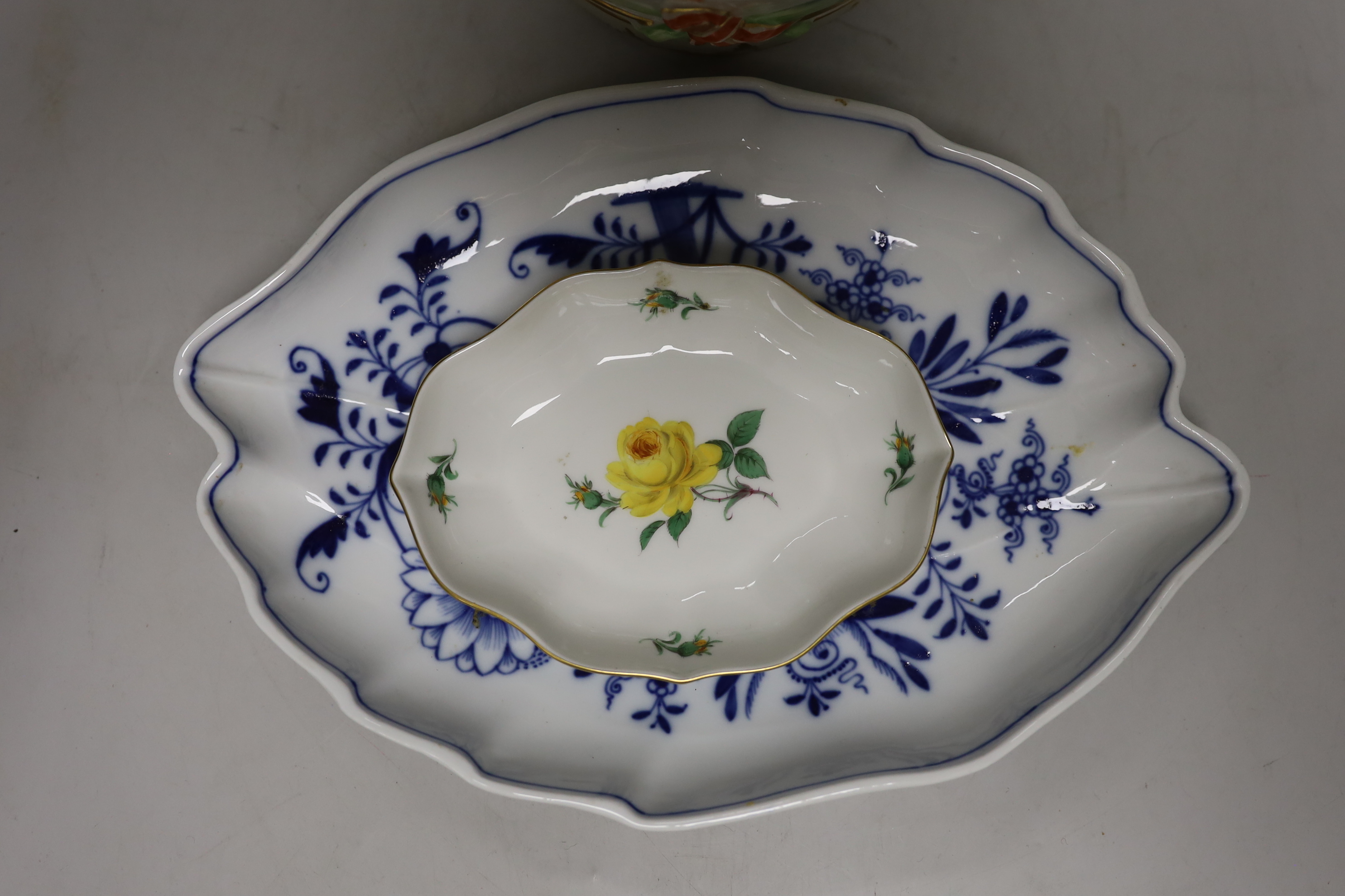 A Meissen onion pattern dish, a similar pin dish and a Berlin KPM vase (drilled), KPM vase 21cm high